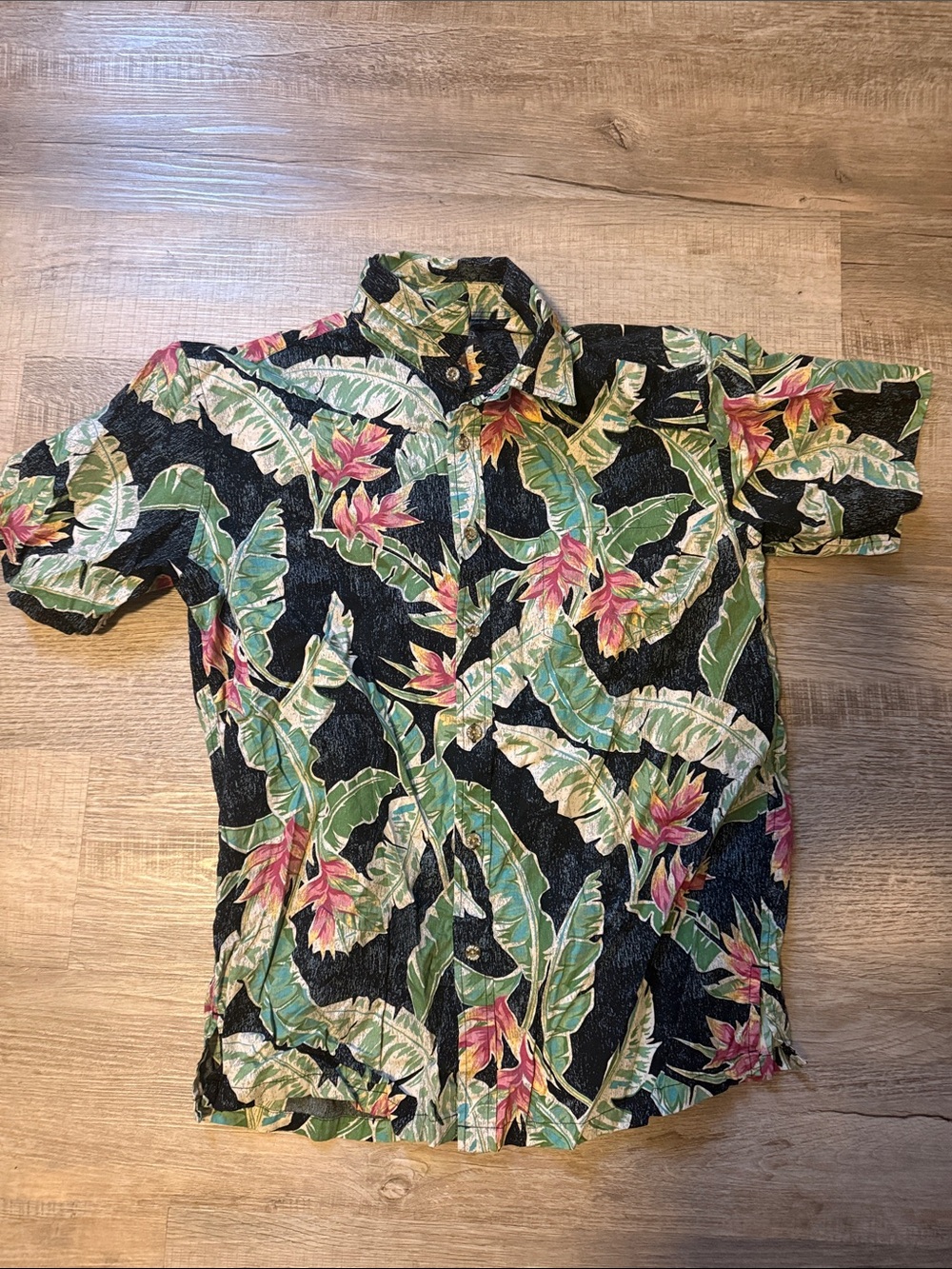 Tropical Leaf Print Short-Sleeve Button-Down Shirt - Black/Green